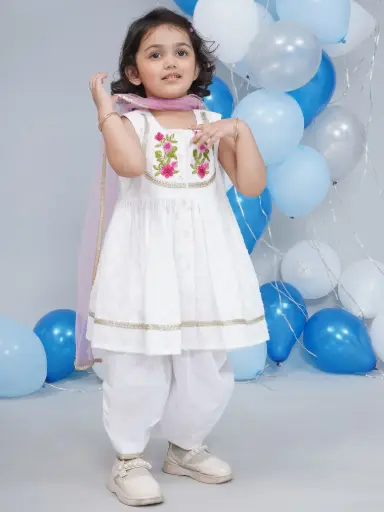 [LB702] Aaradhya Girls White Cotton Kurta with Salwar & Dupatta